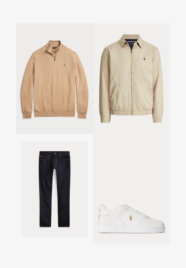 Beige Jacke mit Reißverschluss, Kragen, Seitentaschen, elastischem Bund und kleinem dunklen Polo Ralph Lauren Logo auf der linken Brust.; Beige Pullover mit Reißverschluss aus strukturiertem Strickstoff, mit gerippten Bündchen und Saum; verfügt über ein kleines Logo auf der Brust.; Dunkelblaue Slim-Fit-Jeans mit fünf Taschen, Knopfverschluss und Kontrastnähten, flach auf hellem Hintergrund ausgelegt.; Weißer Leder-Sneaker mit niedrigem Schnitt, weißen Schnürsenkeln und einem goldfarbenen Polo Ralph Lauren-Logo an der Seite sowie "Polo" auf der Sohle geprägt.