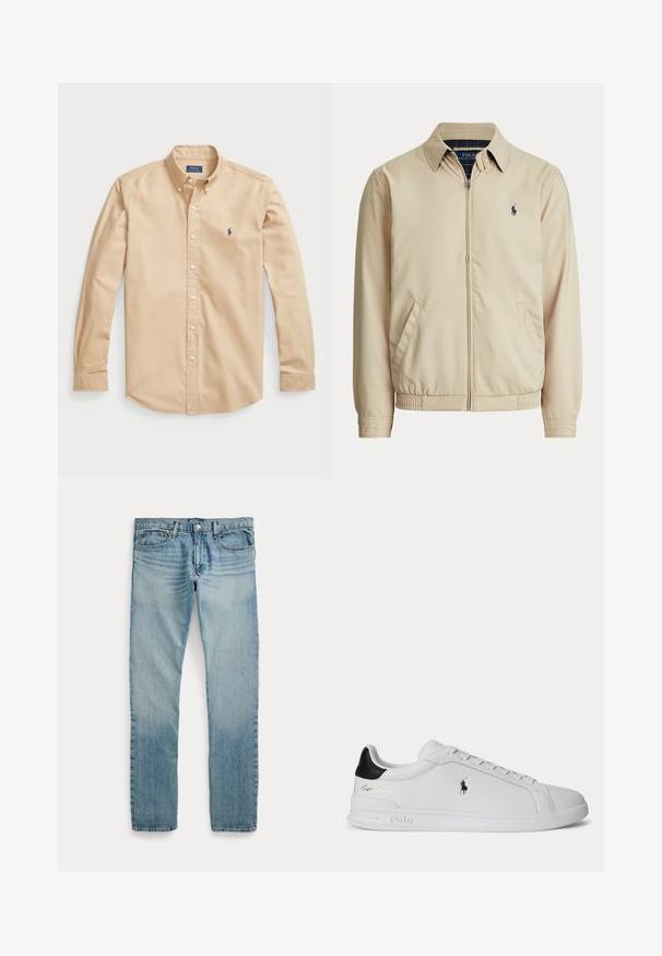 Beige Jacke mit Reißverschluss, Kragen, Seitentaschen, elastischem Bund und kleinem dunklen Polo Ralph Lauren Logo auf der linken Brust.; Helles beige Baumwollhemd mit Knöpfen, klassischem Kragen, langen Ärmeln, weißen Knöpfen und einem kleinen blauen Logo auf der Brust.; Hellblaue Jeans mit geradem Bein, fünf Taschen, Knopfverschluss und dezenten verwaschenen Details an Oberschenkeln und Knien.; Weißer Sneaker mit niedrigem Schaft, schwarzem Fersenlasche, Schnürsenkeln und Polo Ralph Lauren Logo an der Seite, mit geprägten Sohlen-Details.