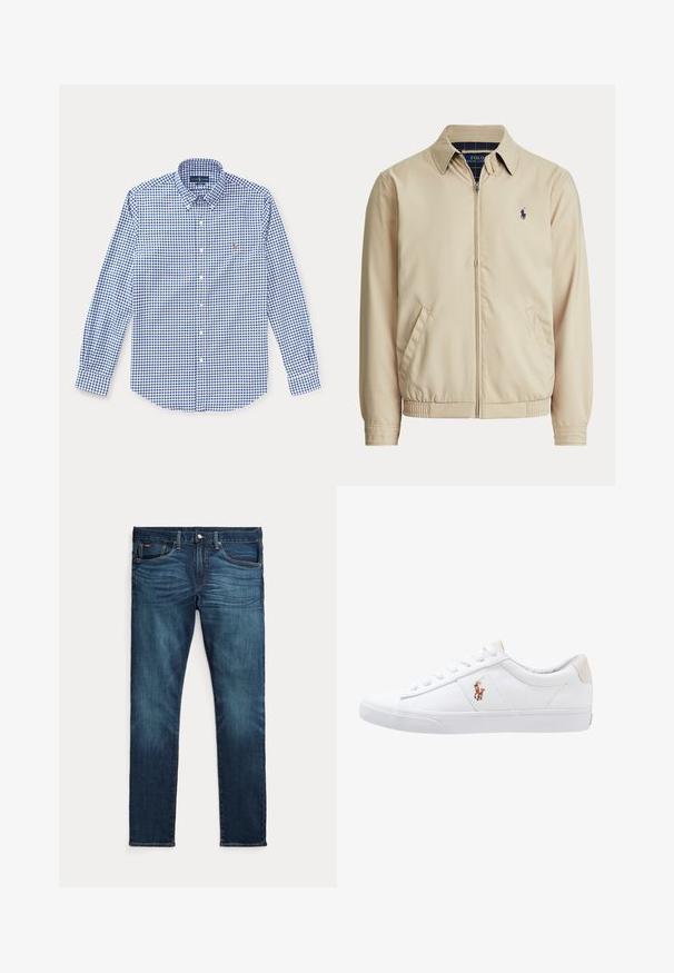 Μπεζ ζακέτα με φερμουάρ, γιακά, πλαϊνές τσέπες, ελαστική μέση και μικρό σκούρο λογότυπο Polo Ralph Lauren στο αριστερό στήθος.; Μπλε και λευκό καρό πουκάμισο με μακριά μανίκια, γιακά και μικρό κεντημένο λογότυπο στο αριστερό στήθος.; Σκούρο μπλε τζιν slim-fit με κουμπί και φερμουάρ στο μπροστινό μέρος, πέντε τσέπες και διακριτική ξεθώριαση στα μπροστινά μπούτια και γόνατα.; Λευκό καμβά παπούτσι με χαμηλό σχέδιο, με χαρακτηριστική μπεζ ταμπέλα στη φτέρνα και ένα μικρό κεντημένο λογότυπο στο πλάι. Ελαστική σόλα.
