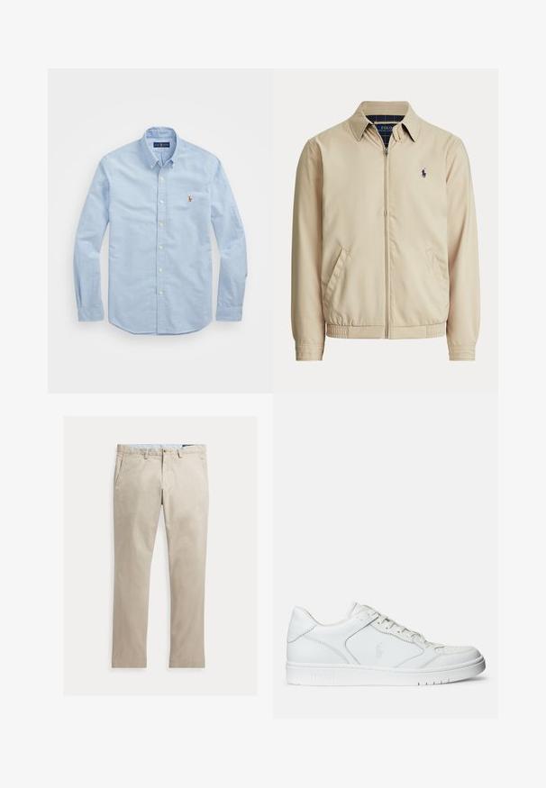 Béžová bunda na zips s golierom, bočnými vreckami, elastickým pásom a malým tmavým logom Polo Ralph Lauren na ľavej strane hrudníka.; Svetlomodrá košeľa s dlhým rukávom na gombíky vyrobená z bavlny, s klasickým golierom a malým červeným vyšitým logom na hrudi.; Béžové rovné bavlnené nohavice s prednými vreckami, pútkami na opasok, zapínaním na gombík a zipsom, zobrazené položené na bielom pozadí.; Biele kožené tenisky s hladkým povrchom, obsahujúce perforovanú špičku, šnúrkové uzatvorenie a vyšívané logo na boku. Biela gumová podrážka.