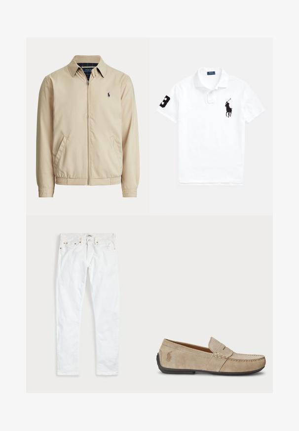 Beežitud lukuga jope krae, küljetaskud, elastne vöökoht ja väike tume Polo Ralph Laureni logo vasakul rinnal.; Valge puuvillane polo särk, millel on must tikitud polo mängija logo ja must number "3" vasakul varrukal. Klassikalise krae disain.; Valged kitsad teksapüksid, millel on viis taskut, nööpidega sulgumine ja vööaasad, asetatud tasapinnale ühtlase hele tausta sisse.; Bež sueded loafers, mille õmblustega detailide, lame kummitald ja väike logo küljel. Klassikaline libisev disain, pehme tekstuur.