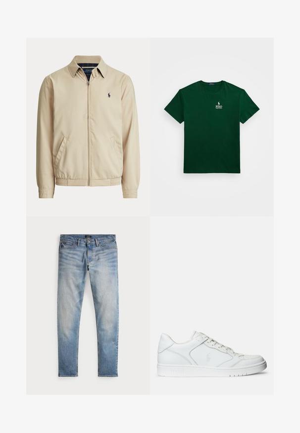 Beige jas met rits, kraag, zijzakken, elastische taille en een klein donker Polo Ralph Lauren-logo op de linkerborst.; Polo Ralph Lauren CLASSIC FIT LOGO JERSEY T-SHIRT - T-shirt basic - new forest; Lichtblauwe denim jeans met een vervaagde afwerking, vijfzakkenontwerp en contrasterende stiksels. Heeft een ritssluiting en riemlussen. Rechte snit.; Witte leren sneaker met een gladde textuur, voorzien van een geperforeerde neus, vetersluiting en geborduurde logo aan de zijkant. Witte rubberen zool.