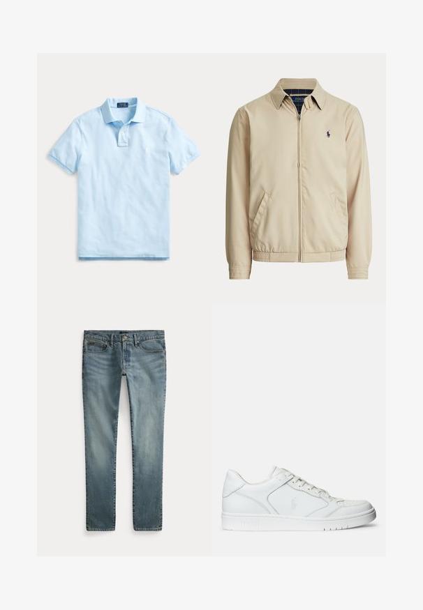 Chaqueta beige con cremallera, cuello, bolsillos laterales, cintura elástica y un pequeño logo oscuro de Polo Ralph Lauren en el pecho izquierdo.; Polo de color azul claro de manga corta, con cuello, tapeta con dos botones y logotipo bordado sutil en el pecho izquierdo.; Pantalones vaqueros de mezclilla azul de pierna recta con bolsillos delanteros, trabillas para cinturón y cierre de botón.; Zapatilla de cuero blanca con textura suave, que presenta una puntera perforada, cierre de cordones y logo bordado en el lateral. Suela de goma blanca.
