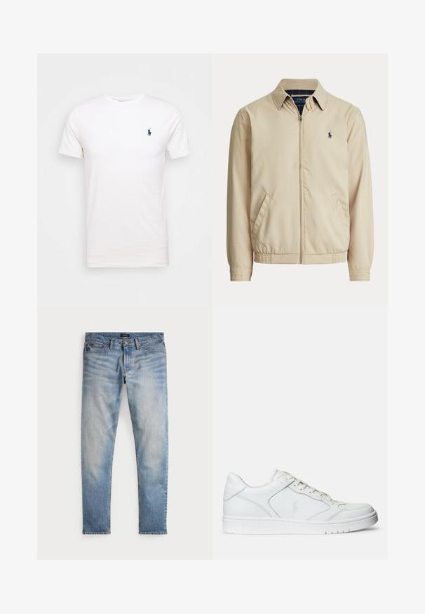 Veste beige zippée avec col, poches latérales, taille élastique et petit logo Polo Ralph Lauren foncé sur la poitrine gauche.; T-shirt en coton blanc à col rond. Présente un petit logo bleu marine sur la poitrine gauche. Manches courtes, texture lisse.; Jean en denim bleu clair avec une finition délavée, design à cinq poches et couture contrastante. Comprend une fermeture éclair et des passants de ceinture. Coupe droite.; Baskets en cuir blanc avec une texture lisse, présentant un bout perforé, un système de laçage et un logo brodé sur le côté. Semelle en caoutchouc blanc.