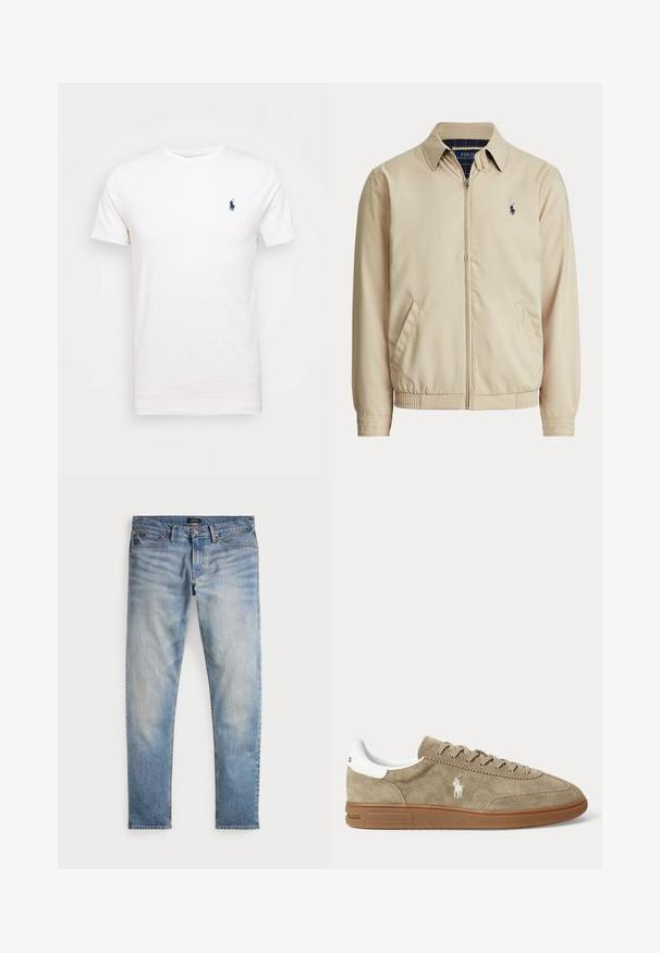 Veste beige zippée avec col, poches latérales, taille élastique et petit logo Polo Ralph Lauren foncé sur la poitrine gauche.; T-shirt en coton blanc à col rond. Présente un petit logo bleu marine sur la poitrine gauche. Manches courtes, texture lisse.; Jean en denim bleu clair avec une finition délavée, design à cinq poches et couture contrastante. Comprend une fermeture éclair et des passants de ceinture. Coupe droite.; Baskets basses en daim beige avec semelle marron, détail blanc au talon, lacets et logo brodé d’un joueur de polo blanc sur le côté.