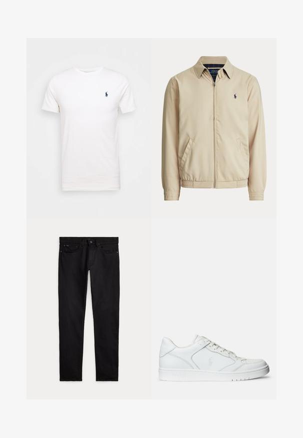 Beežitud lukuga jope krae, küljetaskud, elastne vöökoht ja väike tume Polo Ralph Laureni logo vasakul rinnal.; Valge puuvillane T-särk ümmarguse kaelusega. Vasakul rinnal on väike tume sinine logo. Lühikesed varrukad, sile tekstuur.; Mustad slim-fit teksapüksid esikülje ja tagakülje taskutega, vööaasadega ning nööbi ja lukuga sulguri, laotatud valgele taustale.; Valged nahast spordijalatsid siledast materjalist, millel on ventilatsiooniga varvas, paelad ja kõrvale brodeeritud logo. Valge kummitald.
