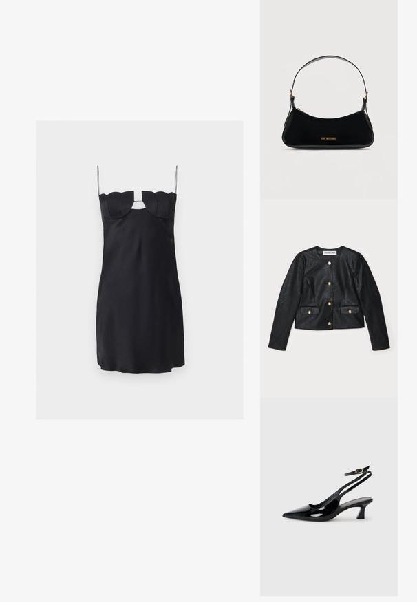 Veste cropped en simili cuir noir avec des manches longues, un col rond et des fermetures à boutons dorés. Dispose de deux poches avant avec rabats.; Mini-robe noire avec un buste structuré en forme de coquillage, fines bretelles spaghetti et une découpe en forme de trou de serrure sous le décolleté.; Escarpins à brides arrière en cuir verni noir, à bout pointu, avec un petit talon carré et une sangle de cheville ajustable dotée d'une boucle dorée.; Sac à bandoulière en cuir verni noir de forme incurvée, logo doré "LOVE MOSCHINO" sur le devant, et bandoulière ajustable avec ferrures dorées.