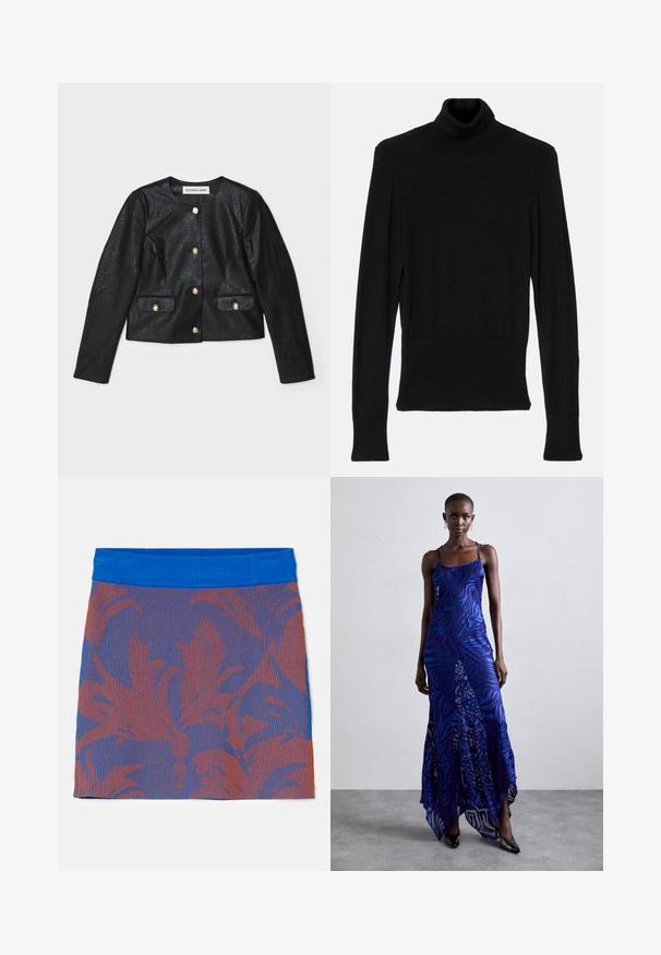 Sort imitation læder cropped jakke med lange ærmer, rund halsudskæring og guldknaplukninger. Har to forlommer med klapper.; AERON TENDER LONG SLEEVED - Striktrøje - black; Ribbet nederdel med en blå talje, som har et blomstermønster i orange og mørkeblå nuancer på en struktureret baggrund.; Blå og lilla dyreprint maxi kjole med tynde stropper, en tætsiddende bodice, flagrende kant og gennemsigtig overlay-detaljering.