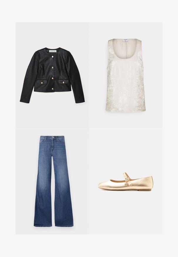 Mustast kunstnahast lühike jakki, millel on pikad varrukad, ümar kaelus ja kuldsete nööpide kinnitused. Omab kahte esikotti klappidega.; Filippa K CRINKLED TANK - Topp - white; Laiad denim teksad keskmise sinise pesuga, millel on viis taskut, vööloopid ja nööpkinnitus. Sile tekstuur kerge kulumisega.; Kuldne metallikvärvi Mary Jane platssuss rihmakinnituse ja väikese ümmarguse ripatsiga valgel taustal, külgvaates.