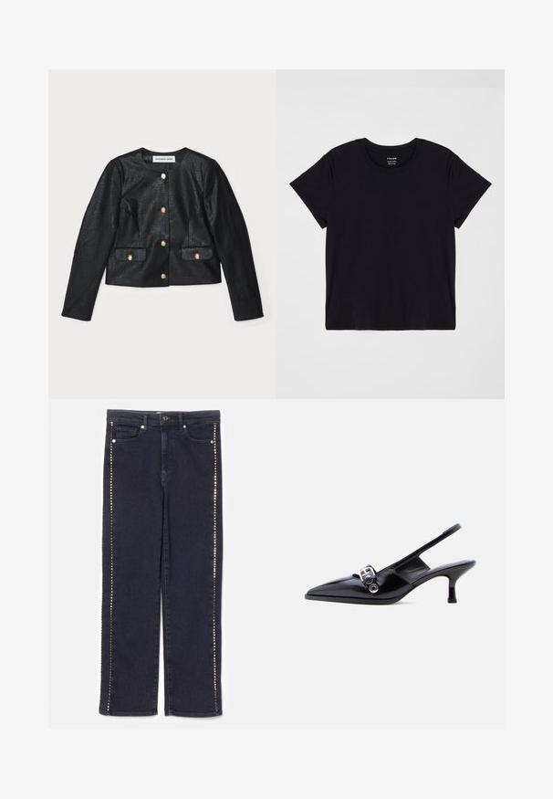 Veste cropped en simili cuir noir avec des manches longues, un col rond et des fermetures à boutons dorés. Dispose de deux poches avant avec rabats.; T-shirt noir à manches courtes en coton doux. Design classique à col rond avec une surface simple et sans embellissement et une coupe décontractée.; Jean en denim foncé avec une coupe droite, ornée d'une rangée de clous métalliques le long des coutures latérales, apportant un accent distinctif.; Chaussure à talon bas en cuir verni noir avec bride arrière, bout pointu et détail boucle argentée sur fond blanc uni.