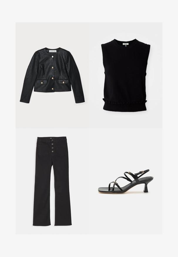 Sort imitation læder cropped jakke med lange ærmer, rund halsudskæring og guldknaplukninger. Har to forlommer med klapper.; Sort ærmeløs sweater lavet af blødt strikkemateriale. Har rundt halsudskæring og samlet bundkant med ribkant. Enkel, moderne design.; Sorte denim flare jeans med høj talje, fem-pockets design og lukning fortil med fire metalknapper.; Sorte lakerede sandaler med stropper, kvadratisk tå og en lav blokhæl. Udstyret med guldfarvet hardware og justerbare ankelremme.
