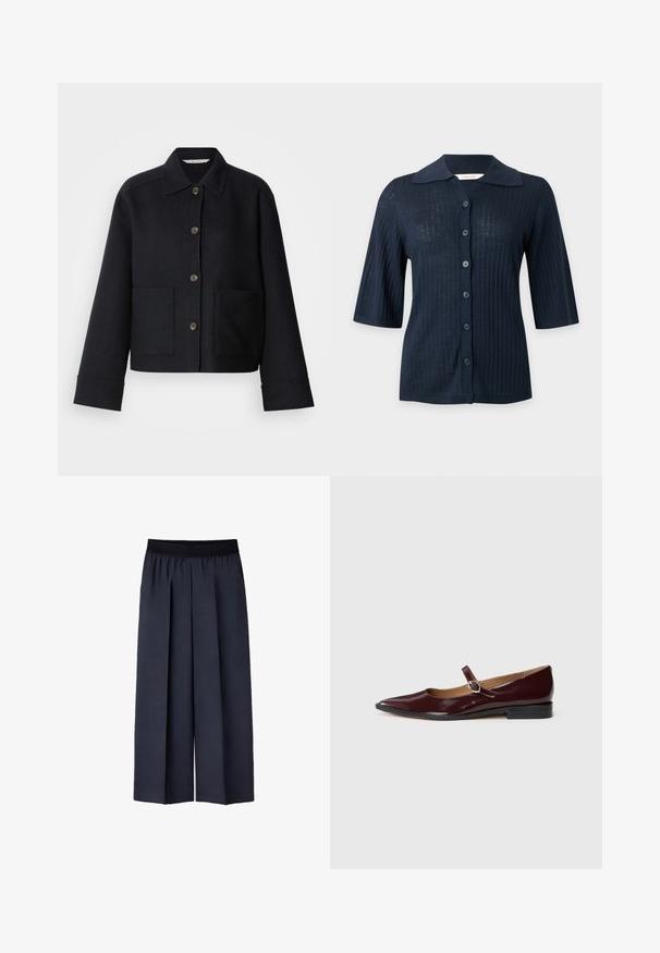 Veste en laine bleu marine foncé avec fermeture boutonnée, col classique et deux poches plaquées à l'avant. Design simple avec une coupe courte et des manches larges.; Cardigan côtelé bleu marine à manches courtes avec boutonnière devant et col pointu, présenté sur un fond clair uni.; Pantalons larges bleu marine foncé avec une ceinture élastique noire, dotés de plis avant et d'un tissu lisse et texturé.; Ballerines en cuir verni bordeaux de type Mary Jane avec un bout pointu, un talon plat et une sangle décorative avec une boucle circulaire.
