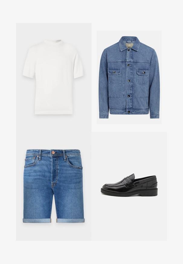 Veste en denim bleu clair avec col à revers, fermeture à boutons sur le devant, deux poches poitrine et une texture légèrement délavée.; T-shirt en tricot blanc à manches courtes avec un col rond, présentant une texture lisse et des accents côtelés au niveau du col et de l'ourlet.; Shorts en denim de teinte bleu moyen avec des ourlets retroussés, conception à cinq poches, fermeture à bouton en laiton et coutures contrastées.; Mocassins en cuir noir avec une finition lisse, un bout rond, un petit talon et descoutures décoratives à l'avant. Semelle en caoutchouc pour l'adhérence.