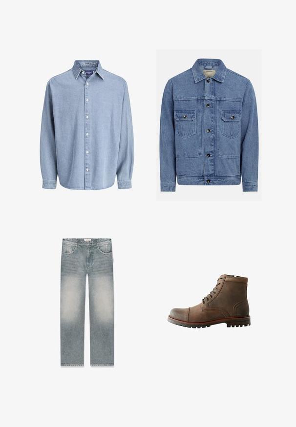 Lichtblauwe spijkerjas met een kraag, knoopsluiting aan de voorkant, twee borstzakken en een licht verweerde textuur.; Lichtblauwe denim lange mouw knoophemd met kraag en witte knopen, weergegeven tegen een effen witte achtergrond.; Grijs vervaagde rechte spijkerbroek met vier zakken, lussen voor een riem, knoopsluiting en subtiele slijtage bij de voorzakken.; Bruine leren enkelboot met ronde neus, gewatteerde kraag, zes ogensluiting en gestructureerde rubberen zool. Gestikte accenten aan de zijkanten.
