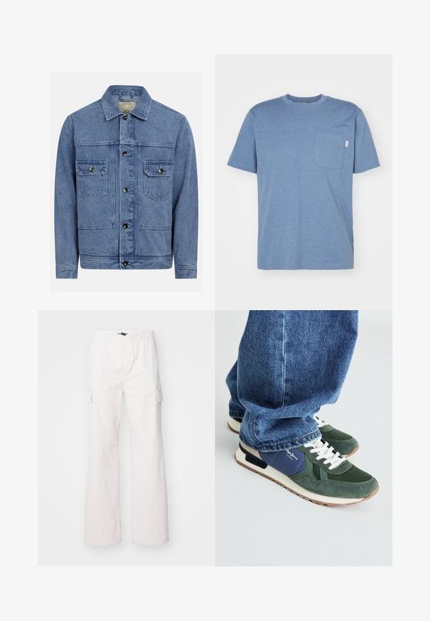 Chaqueta vaquera azul claro con cuello de solapa, cierre frontal con botones, dos bolsillos en el pecho y una textura ligeramente desgastada.; Camiseta azul de manga corta hecha de tela suave, con un bolsillo en el pecho y un cuello redondo. Diseño sencillo sin patrones adicionales.; Denim Project DPMDPPARACHUTE CARGO PANTS - Pantalones cargo - jet stream; Zapatillas verdes y navy con detalles de malla y ante, cordones blancos y suela beige. Llevadas con jeans de mezclilla azules, mostrando la zona del tobillo.