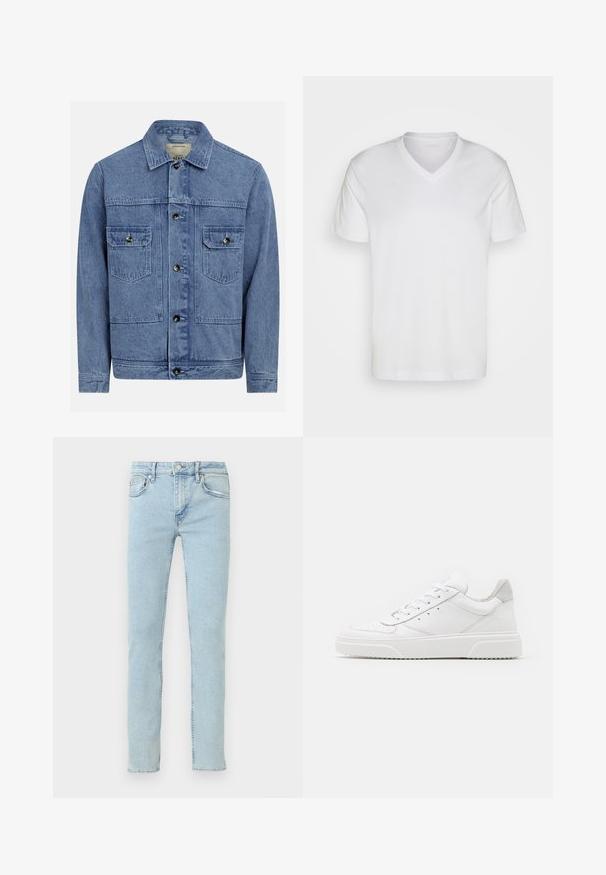 Lyseblå denimjakke med krave, lukning med knapper foran, to brystlommer og en let falmet tekstur.; Esprit V-NECK REGULAR FIT - T-shirts basic - white; Lyseblå denimjeans med lige ben, der har fem lommer, diskret falmning og klassiske syningsdetaljer.; Hvide lædersneakers med en glat finish, rund tå, flade snørebånd og en struktureret sål. Grå ruskindsdetalje ved hælen.