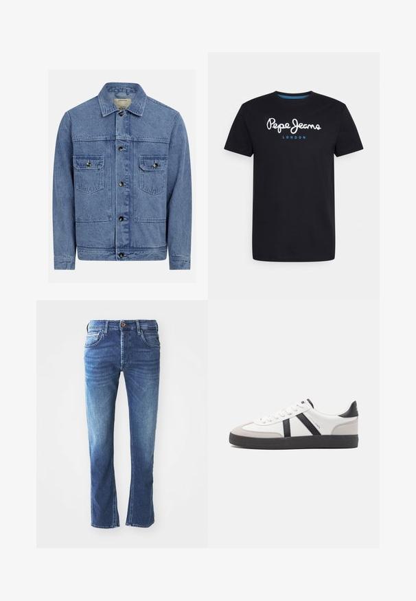Lyseblå denimjakke med krave, lukning med knapper foran, to brystlommer og en let falmet tekstur.; Sort bomulds T-shirt med et hvidt skriftskriftlogo "Pepe Jeans" med en blå accent, rund hals og korte ærmer. Enkel, ensfarvet design.; Mørkeblå denim jeans med lige ben-design, der har fem lommer, en brun knaplukning og diskret lys udtoning ved lårene.; Hvide sneakers med sorte og grå detaljer, med en tekstureret grå tåhætte, sort gummisål og flade hvide snørebånd. Rent design, minimalistisk stil.