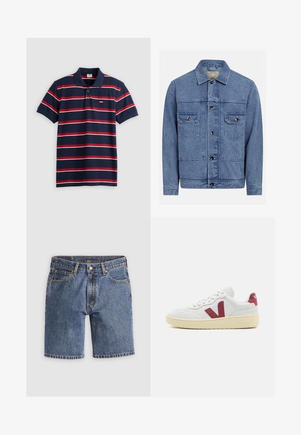 Hellblaue Jeansjacke mit Kragen, vorderer Knopfleiste, zwei Brusttaschen und leicht ausgewaschener Textur.; Navyblaues Poloshirt mit rot-weißen horizontalen Streifen, drei Knöpfen am Kragen und kleinem Levi's-Logo auf der Brust. Aus weichem Baumwollmaterial.; Blaue Denim-Knielange Shorts mit Vorderknopf, Reißverschluss, Gürtelschlaufen und Fünf-Taschen-Design auf schlichtem, hellem Hintergrund.; Weiße Leder Sneakers mit strukturiertem Finish, rotem V-Logo an der Seite, beiger Sohle und runden Schnürsenkeln. Klassisches Low-Top-Design.