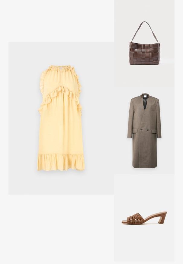 Brun uldfrakke med dobbeltradet design, slidsekrave, to frontlommer og en glat tekstur. Foring indvendigt og skræddersyet snit.; Hofmann Copenhagen SASHA - Hverdagskjole - butter cream; Brun flettet mule med åben tå, blokhæl og slip-on design på en ensfarvet hvid baggrund.; Brun skuldertaske i læder med brede vævede strimler, der danner et gittermønster, og en enkelt flad rem.