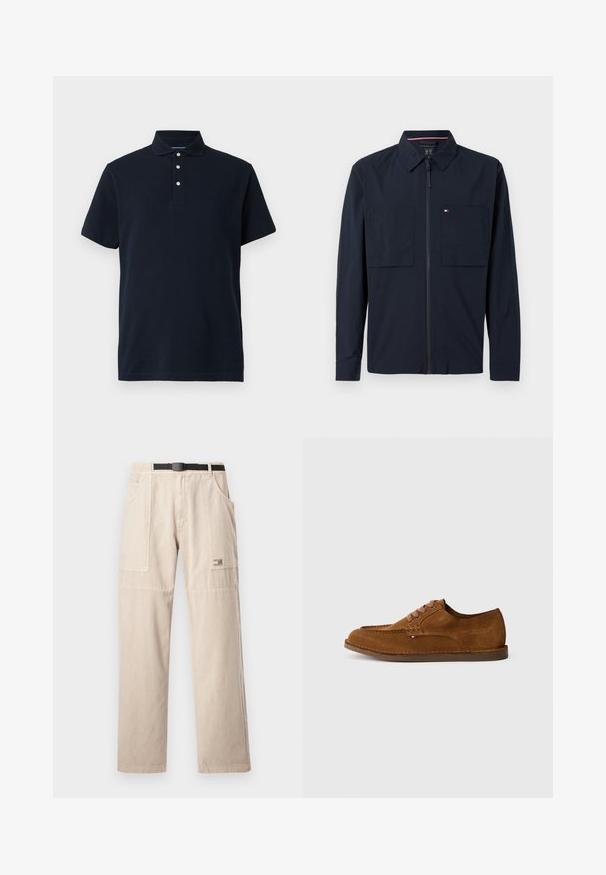 Marinefarbener Reißverschluss-Hemd mit einem Spread-Kragen, zwei Vordertaschen und einem kleinen Logo auf der linken Tasche. Geschmeidige Textur, lange Ärmel.; Marineblaue kurzärmlige Polo-Shirt mit Kragen und drei weißen Knöpfen auf der Knopfleiste, vor einem einfarbigen Hintergrund präsentiert.; Beige Cargohosen mit geradem Bein, ausgestattet mit Gürtelschlaufen, großen Seitentaschen und einem kleinen Markenschild auf dem linken Oberschenkel. Aus Baumwollmaterial.; Brauner Wildleder-Schuh mit abgerundeter Spitze, dekorativen Nähten und sechs kontrastierenden Schnürlöchern. Flache Sohle und minimalistisches Design.