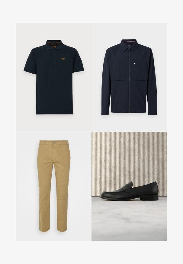 Marineblå zip-pullover med spredt krave, to forreste lommer og et lille logo på venstre lomme. Glat tekstur, lange ærmer.; Mørk navy kortærmet poloshirt med tre knapper, krave og lille orange PME Legend logo på venstre bryst.; Beige bukser lavet af bomuld med lige ben-design. Har en frontlynlås, knaplukning og fem lommer, herunder baglomme.; Sort lædersko i loafer-stil svæver over et beige tæppe med et blankt brunt rundt bord i baggrunden.