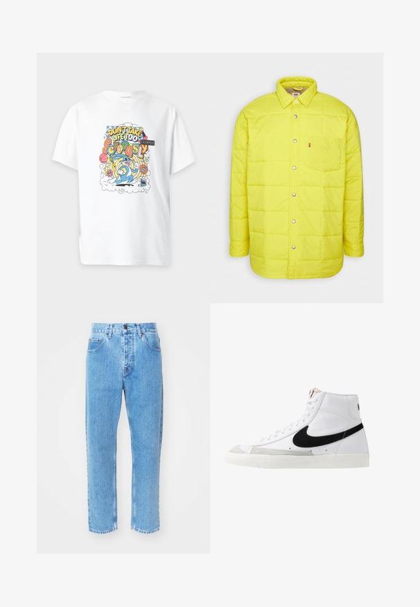 Veste matelassée jaune avec fermeture à pression sur le devant, col pointu, poche poitrine unique et étiquette de marque. Texture légère et lisse.; T-shirt blanc avec un design cartoon coloré montrant Bugs Bunny et le texte « Don’t take life too seriously » entouré d’objets ludiques.; Des jeans en denim bleu clair présentent un design à jambe droite, cinq poches et une fermeture à bouton classique au niveau de la taille.; Baskets montantes blanches avec un swoosh noir, un capuchon de pied texturé gris et une semelle plate blanche. Elles possèdent six œillets et des accents cousus.