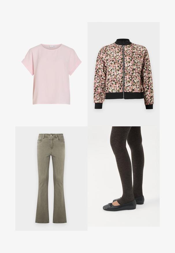 Veste bomber zippée pour femmes avec imprimé floral rose, blanc et olive, col, poignets et ceinture noirs.; Blouse rose clair à manches courtes avec col rond et poignets de manches pliés, en tissu doux et léger.; Jean droit vert olive avec fermeture à boutons sur le devant, passants pour ceinture et design cinq poches, présenté sur un fond uni.; Jambes portant des leggings côtelés foncés associés à des ballerines noires avec de petits détails en nœud sur fond blanc.
