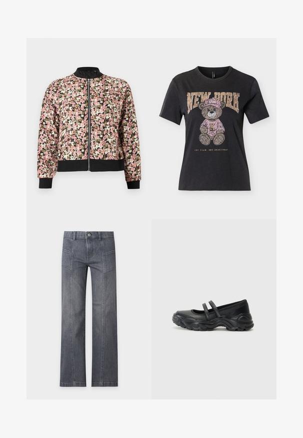 Dames bomberjack met ritssluiting, bedrukt met bloemen in roze, wit en olijfgroen, met zwarte kraag, manchetten en tailleband.; Zwart T-shirt met korte mouwen met een teddybeer die een roze hoed en trui draagt, de tekst "NEW YORK" erboven en "ONE TEAM. ONE HEARTBEAT." eronder.; Grijze rechtvallende denim jeans met details aan de voornaad, riemlussen en een knoopsluiting op een effen lichte achtergrond.; Zwarte leren mary jane flats met twee verstelbare straps, een ronde neus en een gestructureerde rubberen zool voor extra grip.