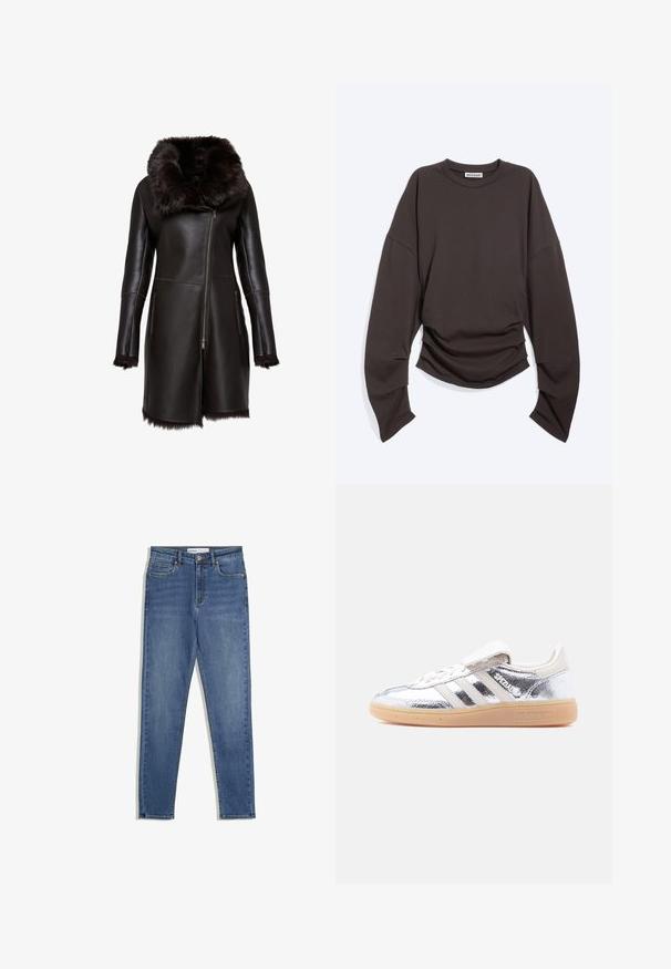 Sort læderjakke med en faux fur krave og manchetter, der har en frontlynlås og sidelommer. Glat tekstur og tætsiddende design.; Mørkebrun langærmet t-shirt med rund hals og indsnøring ved taljen, vist fladt på hvid baggrund.; Blå denim jeans med høj talje, slim fit, forlommer, lynlås og kontrasterende syninger. Struktureret design med en glat overflade.; Sølvmetallic Adidas Spezial-sneaker med hvide striber og gummisål, vist fra venstre side på en ensartet hvid baggrund.