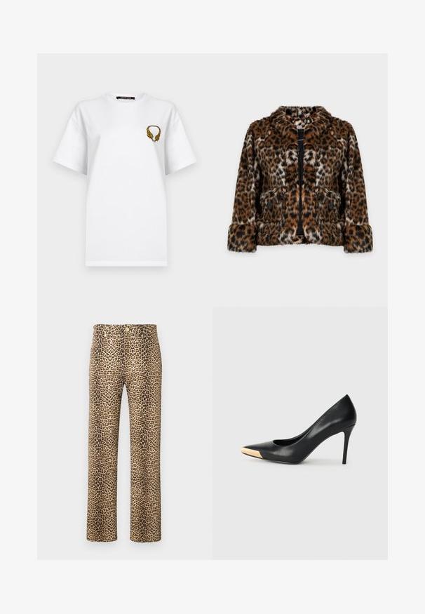 Leopardenmuster-Jacke aus Kunstpelz mit umgeschlagenen Bündchen, zwei vorderen Taschen mit Knöpfen und einem vorderen Reißverschluss vor einfarbigem Hintergrund.; Weißes Kurzarm-T-Shirt mit einem kleinen, gestickten Design zweier spiegelbildlicher Tigerköpfe, die auf der oberen linken Brust einen Kreis bilden.; Hochtaillierte, gerade geschnittene Hose mit Leopardenmuster, ausgestattet mit vorderen Taschen und einem Knopfverschluss.; Schwarzer Leder-Pumps mit hohen Absätzen und spitzem Zehenbereich; verfügt über einen metallisch goldenen Akzent auf der Zehenkappe. Glatte Oberfläche mit einem eleganten Design.