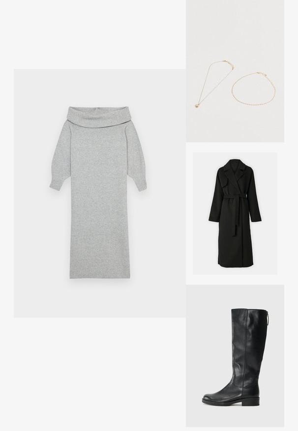 Sort uldblanded frakke med sjalkrave, lange ærmer, talje bælte og sidelommer. Glat tekstur og ankel-længde design.; Grå strikket sweaterkjole med en bred off-shoulder krave, ribbede manchetter og en lige silhuet. Blød tekstur og mellemlang design.; Sorte læderknæhøje støvler med rund tå, minimal syning og lynlås i siden. Robust gummisål og moderat hælhøjde.; To fine guld kæder ligger på en hvid overflade; den ene med en cirkulær perlemor vedhæng, den anden en simpel kædearmbånd.