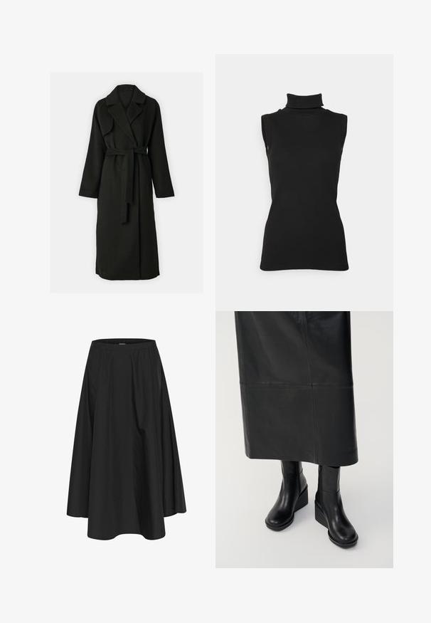Zwarte wolmixjas met een sjawlkraag, lange mouwen, een ceintuur in de taille en zijzakken. Soepele textuur en enkel-lange ontwerp.; Zwarte mouwloze turtleneck top van ribstof, met een hoge hals en een getailleerde pasvorm. Gladde textuur met minimale details.; Zwarte knielange rok met een elastische tailleband, voorzien van plooien voor volume en een soepele textuur. Eenvoudig, klassiek ontwerp zonder versieringen.; Zwarte leren wedge laarzen met een gladde textuur en een zijrits. Draagt een bijpassende zwarte leren rok met een rechthoekige zoom.