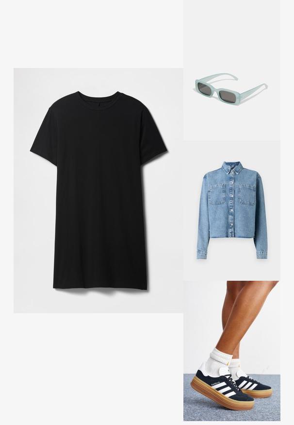 Lyseblå denimjakke med lange ærmer, en spids krave, to forlommer og knaplukning. Har et kort design.; Sort kortærmet t-shirt lavet af bomuld, med klassisk rund halsudskæring og en lige kant, med en glat, mat tekstur.; Ben iført hvide sokker og sorte Adidas Gazelle sneakers med hvide striber og tykke brune såler på et gråt tæppe.; Et par rektangulære solbriller med lyseblå gennemsigtige stel og mørkegrå linser, der har lige templer og minimale hardware detaljer.