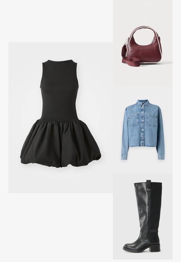 Vaaleansininen farkkutakki, jossa on pitkät hihat, terävä kaulus, kaksi etutaskua ja napitus. Takissa on lyhyt, vartaloa myötäilevä malli.; Mustaton hihaton mekko, jossa on istuva yläosa ja runsas, kerätty hame. Valmistettu sileästä kankaasta, jossa on tasainen väri ilman näkyviä kuvioita.; Polvisuojat, musta nahka, pyöreällä varvaskappaleella, ommellulla yksityiskohdalla ja lohko korkolla. Pieni lenkki sijaitsee ylhäällä.; Tummanpunainen kudottu nahkainen käsilaukku kaarevalla kahvalla, valkoisella reunuksella, hopeisella vetoketjulla ja irrotettavalla leveällä kangasolkaimella yksivärisellä taustalla.