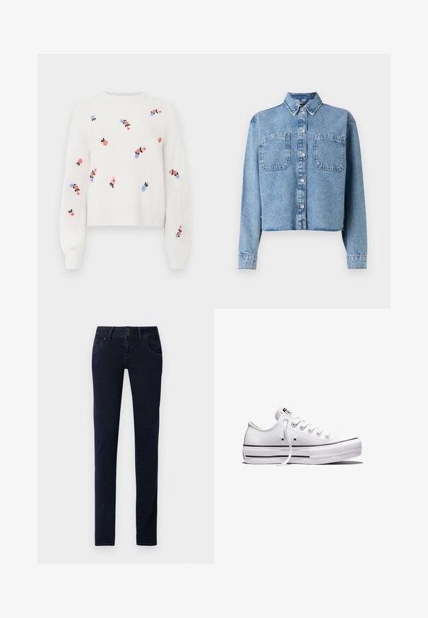 Lyseblå denimjakke med lange ærmer, en spids krave, to forlommer og knaplukning. Har et kort design.; Hvid strikket sweater med broderede blomsterdesigns i pink, blå og sort. Har en rund hals og ribstrikkede manchetter.; Mørkeblå denimjeans med slim fit, fem-lomme-design, dobbelt knaplukning og subtilt falmet tekstur langs lårerne.; Lavtop hvid lærredsneaker med hvide snørebånd, gummisål, sorte stribedetaljer og logo-patch på tungen og hælen.