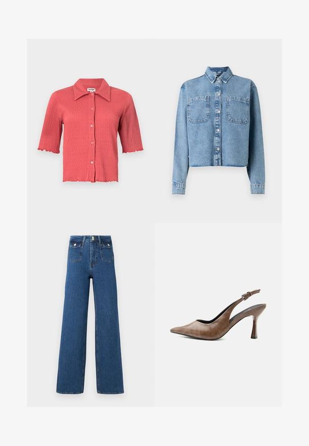 Hellblaue Jeansjacke mit langen Ärmeln, spitzem Kragen, zwei Fronttaschen und Knopfverschluss. Verfügt über ein cropped Design.; Kurzärmlige, gerippte Bluse in Korallenpink mit spitzem Kragen, Knopfleiste und gewellten Kanten an den Ärmeln und dem Saum. Leichte Textur.; Weite Jeans aus dunklem Denim. Verfügt über zwei Vordertaschen und einen Knopfverschluss. Glatte Textur mit sichtbaren Nähten und strukturierter Form.; Brauner Lederslingpumps mit spitzer Kappe, verstellbarem Schnallenriemen und schlankem, zugespitztem Absatz.