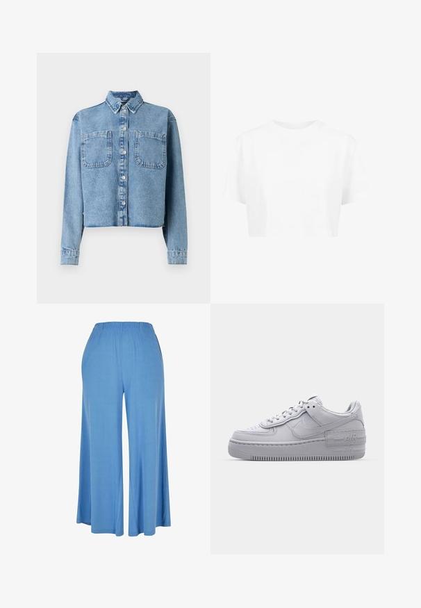 Hellblaue Jeansjacke mit langen Ärmeln, spitzem Kragen, zwei Fronttaschen und Knopfverschluss. Verfügt über ein cropped Design.; Weißes, kurzes T-Shirt mit kurzen Ärmeln und rundem Halsausschnitt, aus glattem Stoff, ohne sichtbare Muster oder auffällige Hardware.; Hellblaue weit geschnittene Hose aus weichem Stoff, mit einem elastischen Bund und einem lockeren Schnitt, der bis zur Mitte der Wade reicht.; Graue Nike Air Force 1 Sneaker mit perforierter Zehenpartie, Obermaterial aus glattem Leder, dicker Sohle und geprägtem 'AIR'-Detail an der Ferse.