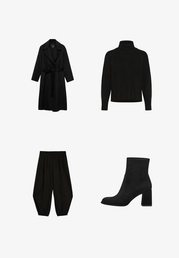 Sort frakke med bælte, klippet krave, lange ærmer og åbent forsiden. Lavet af et tekstureret stof, har den et simpelt, minimalistisk design.; Sort strikket turtleneck sweater med lange ærmer og ribbede manchetter og kant, præsenteret på en hvid baggrund.; Sorte vidde bukser med plisseringer, bæltestropper og elastiske manchetter ved anklerne på hvid baggrund.; Sorte ankelstøvler med blokhæl, lavet af blødt suede. Har en rund tå og glatte sidestykker med syningsdetaljer.