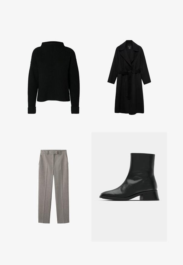 Sort frakke med bælte, klippet krave, lange ærmer og åbent forsiden. Lavet af et tekstureret stof, har den et simpelt, minimalistisk design.; Sort strikket sweater med høj hals, ribbet tekstur og lange ærmer. Har brede manchetter ved håndleddene og en afslappet pasform.; Grå skræddersyede bukser i et tekstureret stof med lige ben, bæltestropper og to forlommer.; Sort ankelstøvle lavet af blank læder, med et strømlinet design, spids tå og en moderat blokhælhøjde for stabilitet.
