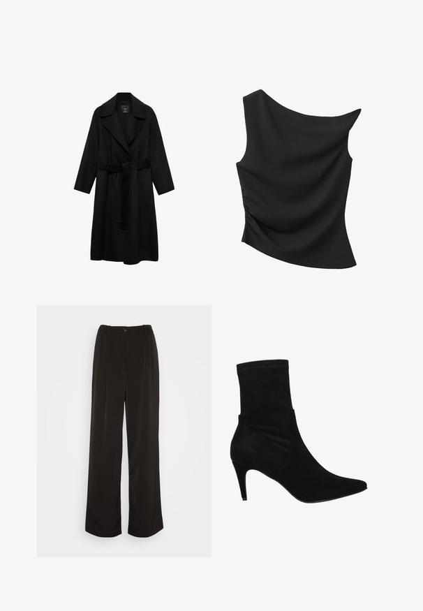 Schwarzer Mantel mit Gürtel, Reverskragen, langen Ärmeln und offenem Vorderteil. Hergestellt aus einem strukturierten Stoff, zeichnet sich das Design durch Einfachheit und Minimalismus aus.; Schwarzes asymmetrisches ärmelloses Oberteil mit Ein-Schulter-Design und leichter Raffung an einer Seite.; Vero Moda Wide leg VMLUNADESI Mid waist - Stoffhose - black; Wojas Stiefelette - czarny