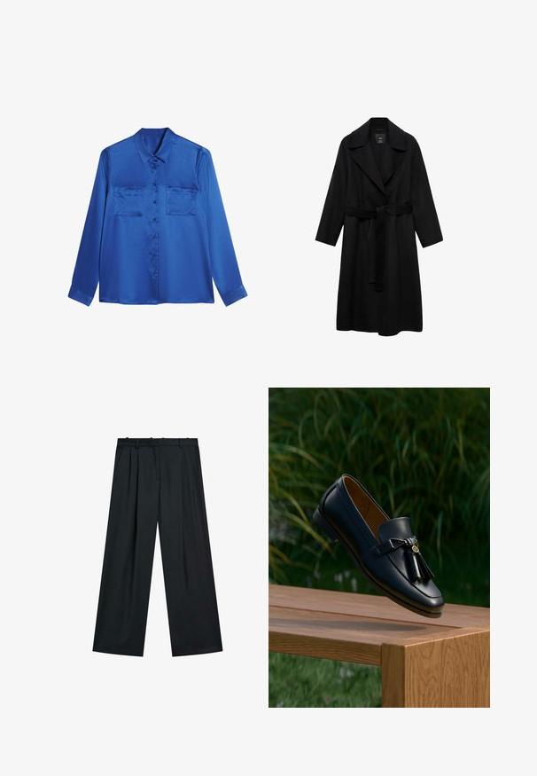 Zwarte ceintuurjas met een gelapt kraag, lange mouwen en een open voorkant. Gemaakt van een geweven stof, heeft het een eenvoudig, minimalistisch ontwerp.; Satijnen blauwe blouse met een kraaglijn, lange mouwen, twee borstzakken en knoopsluiting aan de voorkant. Soepele, glanzende textuur.; Zwarte wijde broek met een geplooid voorpand, een tailleband met riemlussen en zijzakken. Gemaakt van een gladde stof met een gestroomlijnd ontwerp.; Zwarte leren loafer met kwastjes, rustend op de rand van een houten oppervlak, met groene bladeren vaag op de achtergrond.
