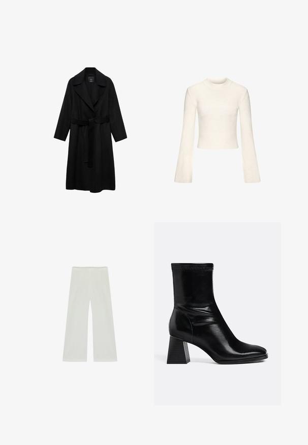 Sort frakke med bælte, klippet krave, lange ærmer og åbent forsiden. Lavet af et tekstureret stof, har den et simpelt, minimalistisk design.; Kremfarvet cropped sweater lavet af blødt stof med lange udvidede ærmer og en høj rund halsudskæring. Glat tekstur, minimalistisk design.; Hvide bukser med høj talje og vide ben, med en glat front uden synlige lommer eller pynt.; Sort læder ankelstøvle med firkantet blokhæl og rundet tå, sideblik på ensartet lys baggrund.