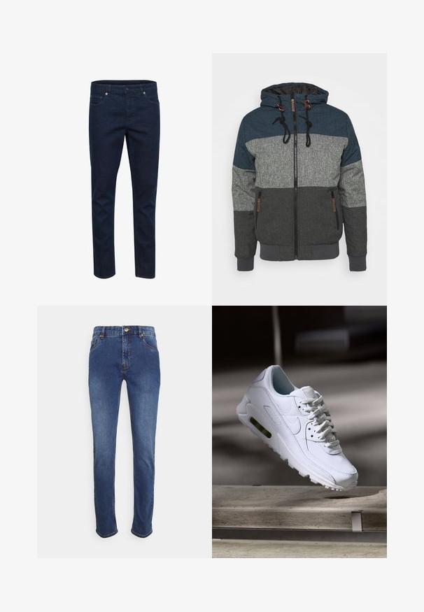 Hættejakke med farveblokdesign i mørkeblå, grå og antracit. Inkluderer lynlåslukning og kontrasterende snore.; Mørkeblå denimjeans med slim fit, fem lommer og knaplukning, vist mod en hvid baggrund.; Dongeribukser i mørkeblå, med en klassisk lige pasform, fem lommer, guldknaplukning og subtile syninger langs sømmene.; Hvide lædersneakers med teksturerede overflader, polstret krave og synlig luftpolstring i sålen. Har snørrebånd og et minimalistisk design.