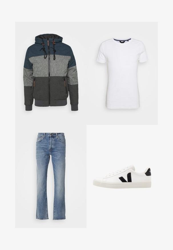 Hoodie-Jacke mit einem Farbblockdesign in Dunkelblau, Grau und Anthrazit. Verfügt über einen Reißverschluss und kontrastierende Kordeln.; Lindbergh T-Shirt basic - white; Hellblaue Denim-Jeans mit geradem Bein, fünf Taschen und einem kleinen Metallknopf am Bund. Ausfransender Saum.; Weiße Leder-Sneaker mit schwarzen Wildlederelementen; verfügen über eine Gummisohle, eine runde Spitze und ein klassisches Schnürdesign. Seitliches Logo in Schwarz.