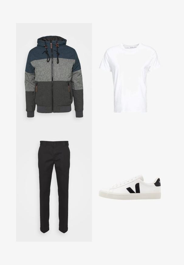 Hooded jacket met een kleurblokken ontwerp in donkerblauw, grijs en antraciet. Inclusief ritssluiting en contrasterende koorden.; Witte katoenen t-shirt met een ronde hals en korte mouwen, in een klassiek model met een gladde textuur. Geen patronen of hardware zichtbaar.; Zwarte chino's van een katoenmix, met een recht model, een zachte textuur en standaard riemlussen. Geen zichtbare patronen of accenten.; Witte leren sneaker met zwarte suède accenten; voorzien van een rubberen zool, ronde neus en een klassieke vetersluiting. Zijkant met logo in het zwart.