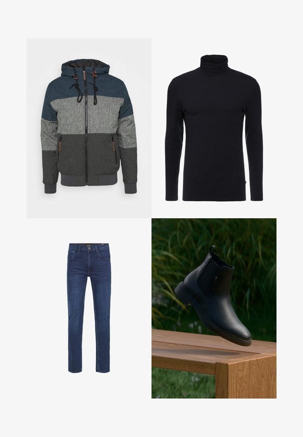 Kapucňová bunda s farebným blokovaním v tmavomodrej, sivej a uhlíkovej farbe. Obsahuje zips a kontrastné šnúrky na stiahnutie.; Čierny dlhý rukáv turtleneck s mäkkou a elastickou látkou. Má priliehavý strih a hladkú textúru. Bez viditeľných vzorov alebo akcentov.; Tmavomodré džínsy s rovnými nohavicami, piatimi vreckami a klasickým zapínaním na gombíky. Hladký povrch s jemnými detailmi blednutia.; Čierne kožené kotníkové topánky visia nad drevenou lavicou s rozmazaným pozadím z zelenej trávy a rastlín.