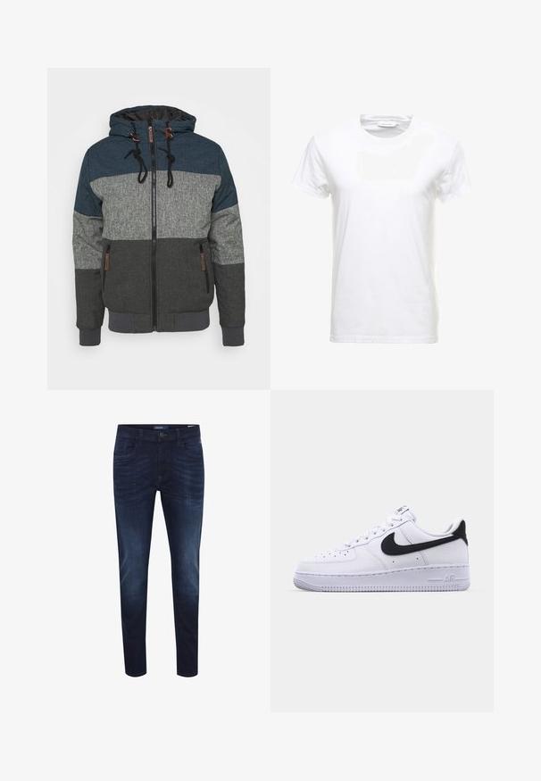Veste à capuche avec un design coloré en bleu foncé, gris et charbon. Comprend une fermeture éclair et des cordons contrastés.; T-shirt en coton blanc à manches courtes, design col rond et texture lisse. Étiquette visible au niveau du col. Style simple et classique.; Jeans en denim bleu foncé avec une coupe slim, design à cinq poches, un léger effet délavé, fermeture à bouton et étiquette logo sur la taille arrière.; Sneaker en cuir blanc avec un Swoosh noir texturé, des lacets plats et une semelle en caoutchouc avec un motif strié. "AIR" est embossé sur le talon.