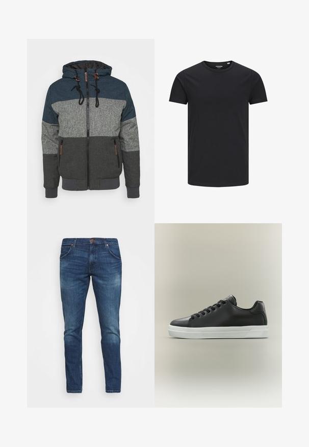 Hoodie-Jacke mit einem Farbblockdesign in Dunkelblau, Grau und Anthrazit. Verfügt über einen Reißverschluss und kontrastierende Kordeln.; Schwarzes Baumwoll-T-Shirt mit Rundhalsausschnitt, kurzen Ärmeln und schlichtem Design. Glatte Textur, keine Muster oder sichtbare Beschläge.; Dunkelblaue Denim-Jeans mit schlanker Passform, leicht verblasst, mit knopfbeschichtetem Bund und fünf praktischen Taschen.; Schwarzer Leder-Sneaker in Low-Top-Design mit schwarzen Schnürsenkeln und weißer Gummisohle vor neutralem Hintergrund, Seitenansicht.