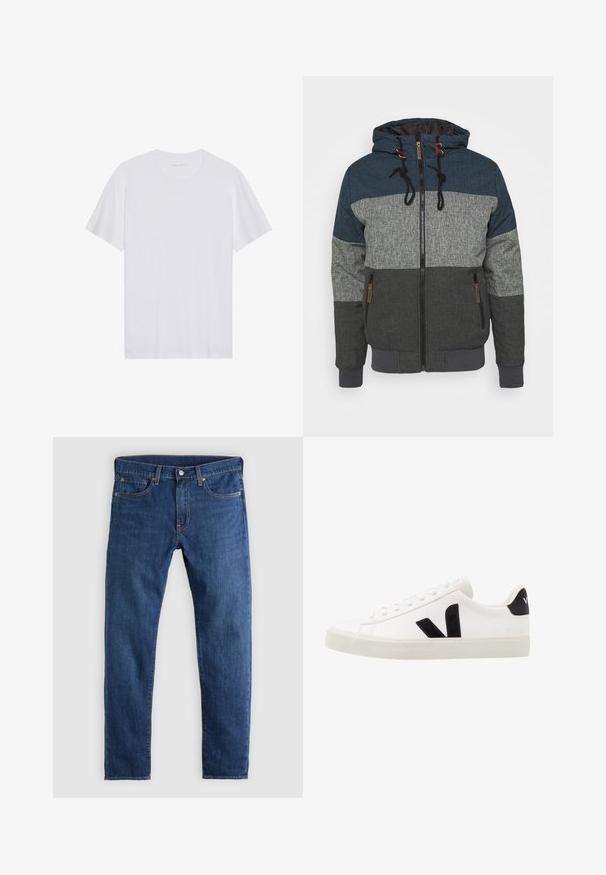 Veste à capuche avec un design coloré en bleu foncé, gris et charbon. Comprend une fermeture éclair et des cordons contrastés.; T-shirt en coton blanc à manches courtes, col rond et texture lisse. Présente un branding minimal au niveau du col.; Jean en denim bleu foncé avec un design à jambes droites, cinq poches, fermeture par bouton et détails de surpiqûres orange. Texture lisse et coupe classique.; Sneaker blanche en cuir avec des accents en daim noir ; dispose d'une semelle en caoutchouc, d'un bout rond et d'un design classique à lacets. Logo latéral en noir.
