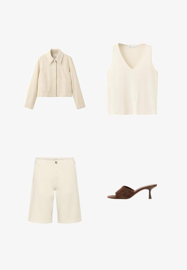 Veste courte beige à large col, manches longues, poches plaquées devant et fermeture à boutons cachés.; Gilet sans manches tricoté couleur crème avec un col en V, en tissu doux, posé à plat sur un fond blanc.; Shorts couleur crème en mélange de coton, présentant une fermeture à bouton, des passants de ceinture et des poches latérales ; texture lisse avec un design à coupe droite.; Mule en daim marron à bout ouvert, talon en bois incurvé de hauteur moyenne et design à enfiler sur fond blanc.